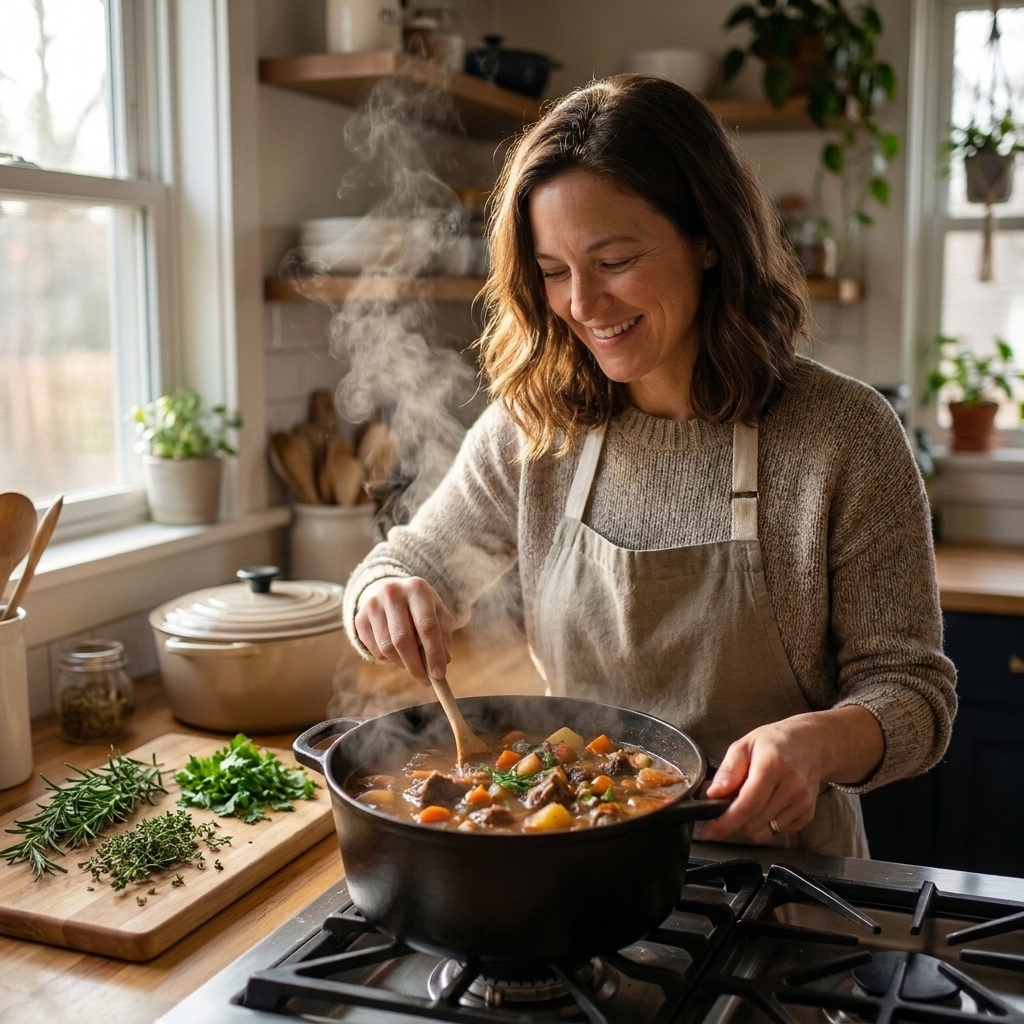 A cast iron Dutch oven with beef stew gently simmering on a stovetop, steam rising with chopped herbs on a cutting board nearby