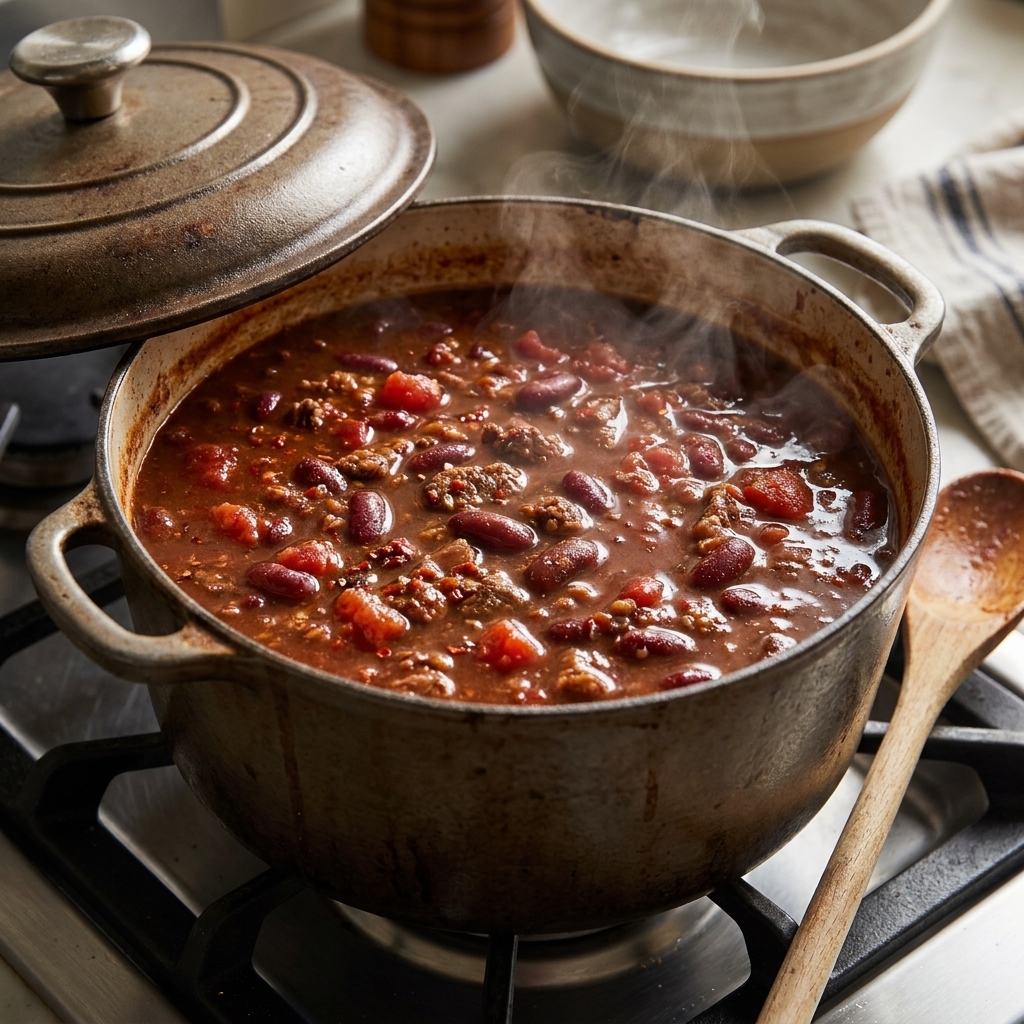 A cast iron pot of bison chili simmering on a stovetop with visible beans, tomatoes, and chili spices, with steam rising