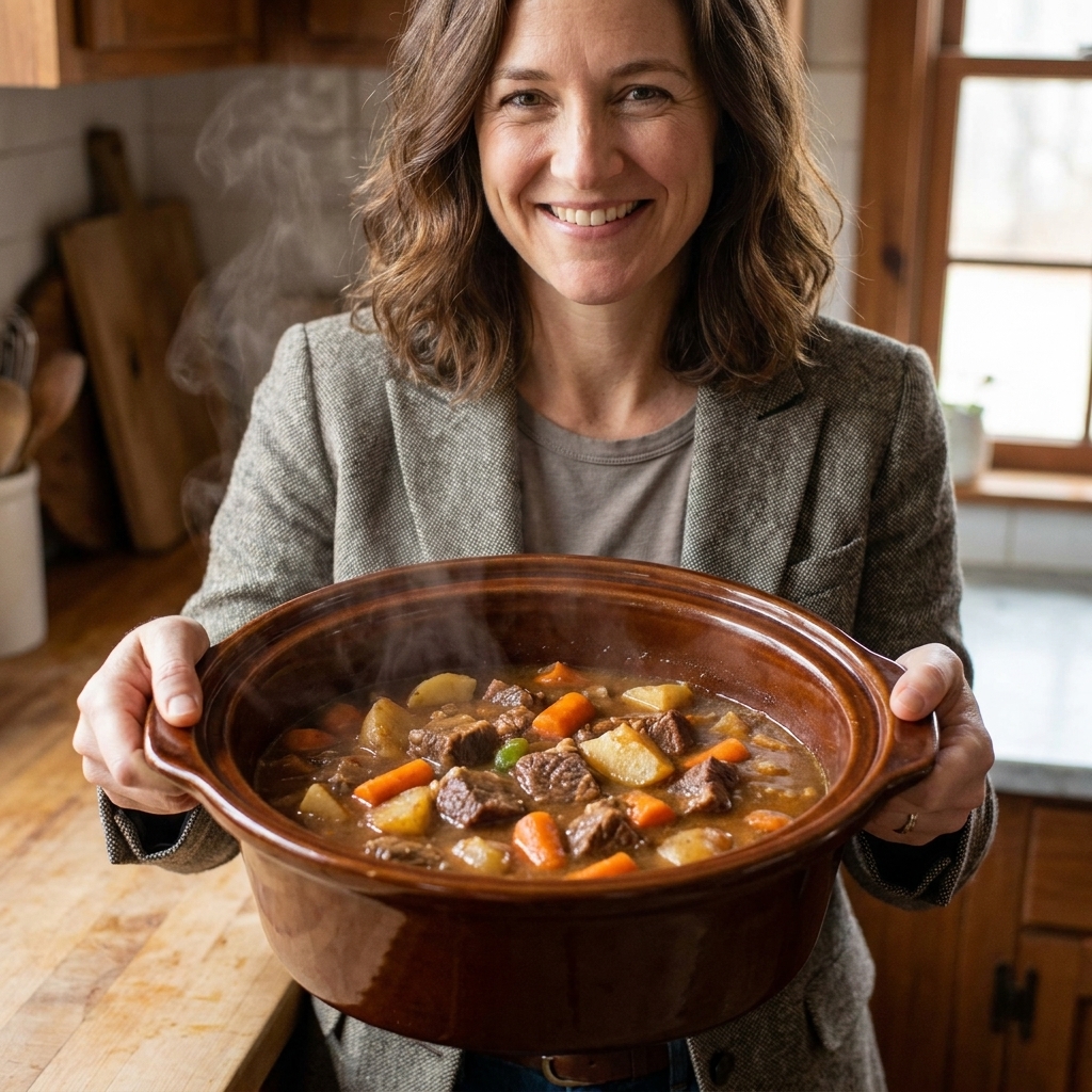 A ceramic slow cooker insert filled with beef stew, tender beef chunks surrounded by carrots and potatoes in a rich brown broth