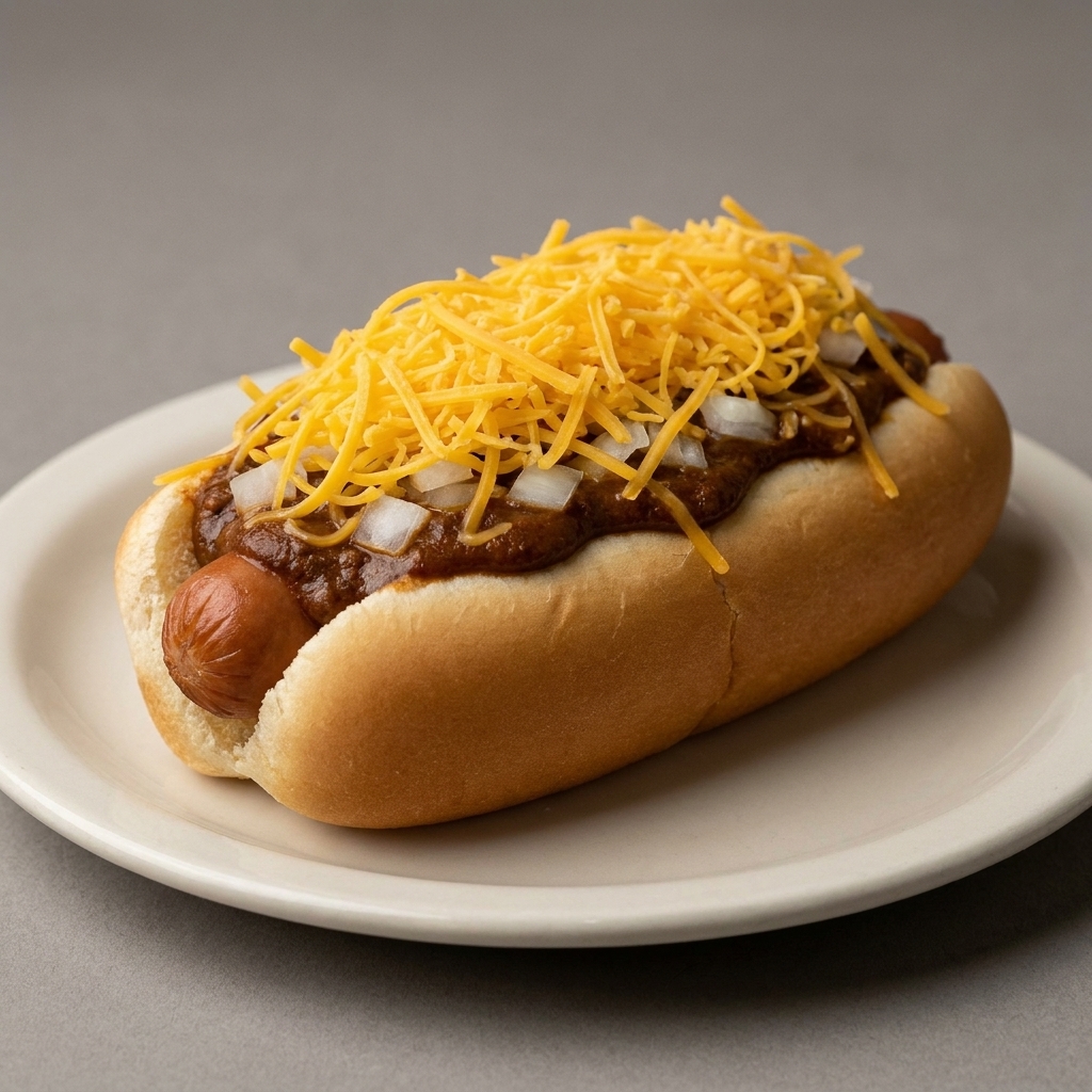 A classic Cincinnati-style chili dog in a soft bun topped with smooth chili, a mound of shredded cheddar, and chopped onion, photographed on a simple plate