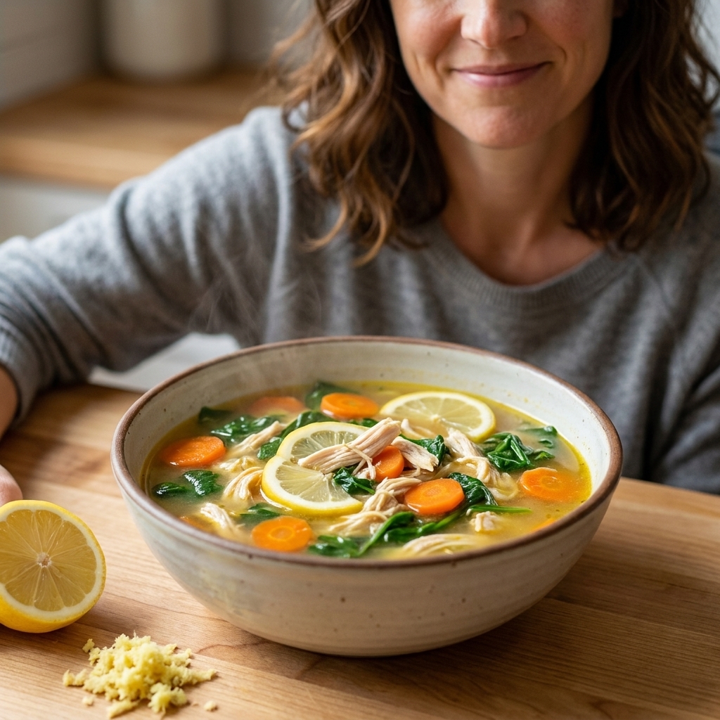 A close-up of a bowl of lemony chicken soup with carrots and spinach in a golden broth, with a lemon half and grated ginger on the counter nearby