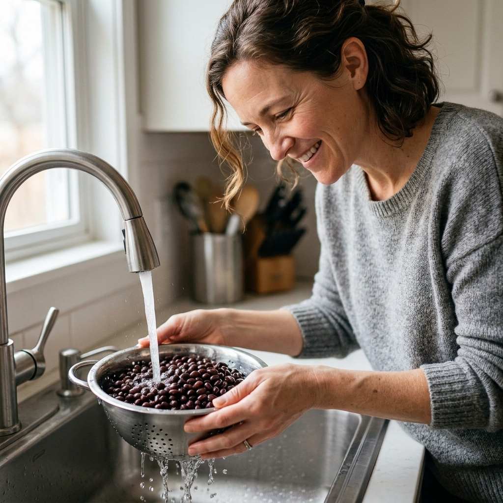 A close-up of canned beans being rinsed under running water in a metal colander in a home kitchen sink