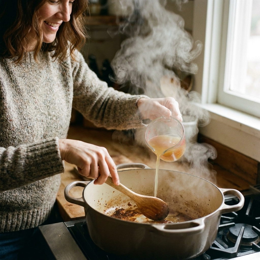 A close view of a wooden spoon scraping browned fond from the bottom of a Dutch oven as broth is poured in, releasing steam