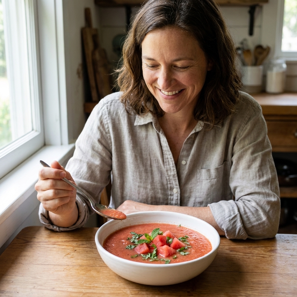 A cold watermelon tomato gazpacho in a white bowl topped with chopped mint and a few cubes of watermelon