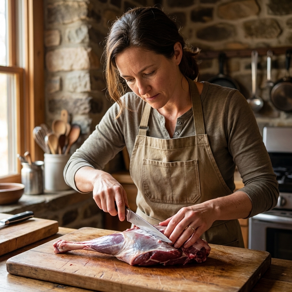 A cook trimming silver skin from a piece of raw venison on a wooden cutting board using a sharp boning knife