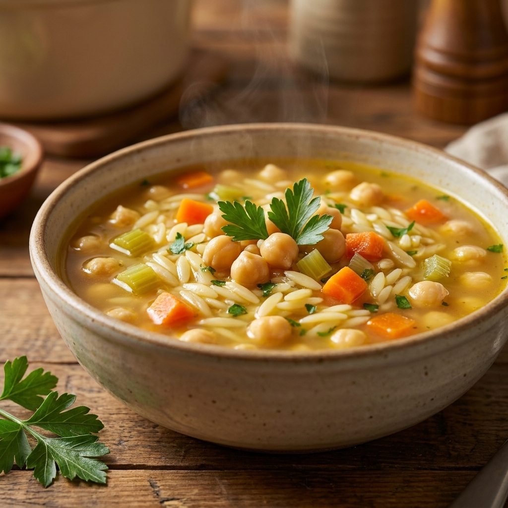 A cozy bowl of chickpea soup with orzo, diced carrots, and celery in golden broth