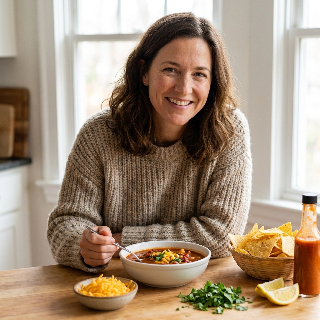 A cozy counter set up with bowls of soup and small dishes of toppings like shredded cheese, herbs, tortilla chips, lemon wedges, and hot sauce