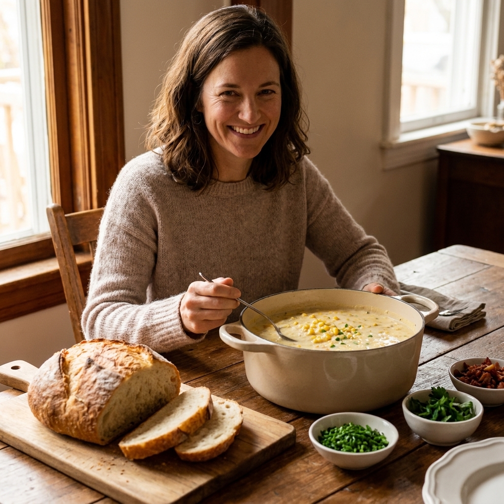 A cozy dinner table with a pot of corn chowder, a sliced crusty loaf of bread, and small bowls of chopped herbs ready for topping