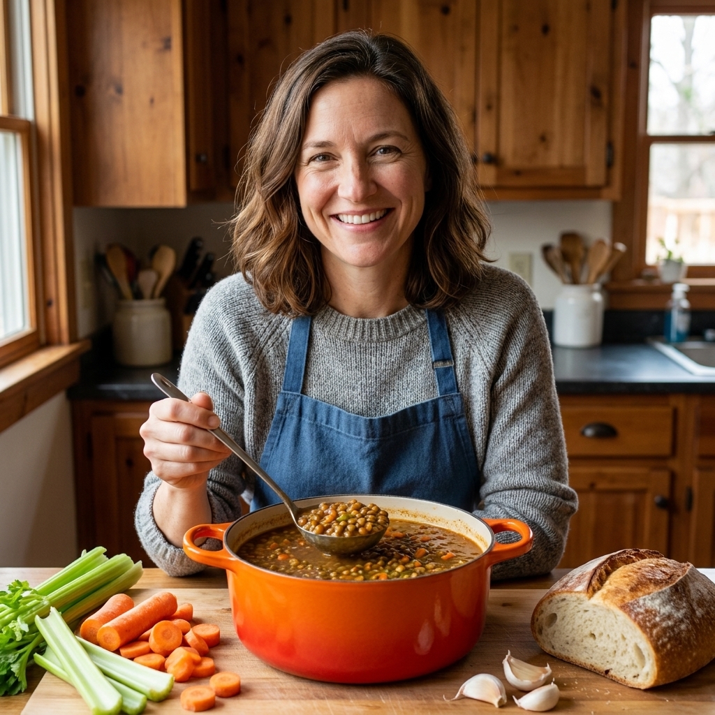 A cozy kitchen scene with a Dutch oven full of thick lentil stew on a wooden cutting board, surrounded by carrots, celery, garlic, and a loaf of crusty bread