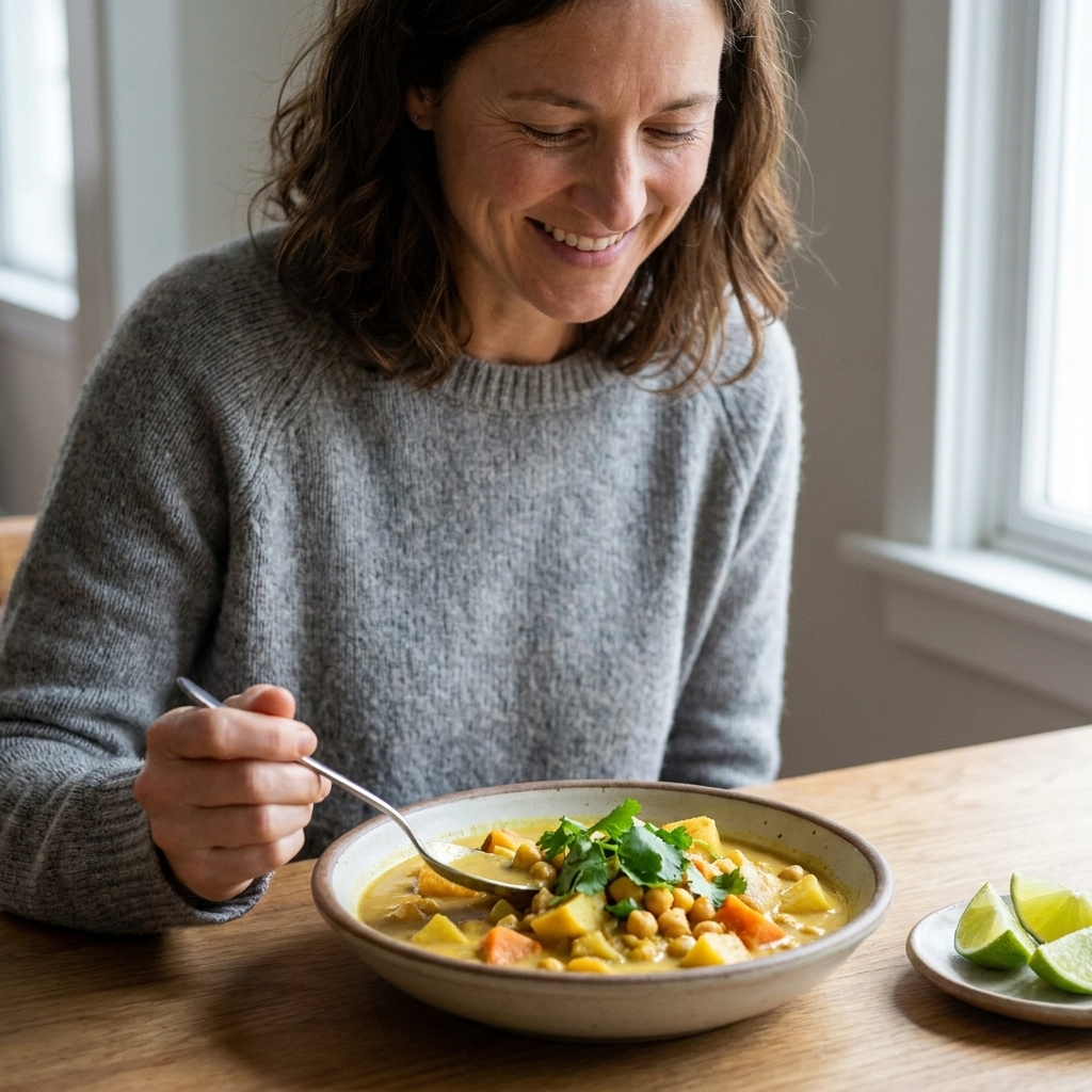 A creamy curry stew with root vegetables and chickpeas in a shallow bowl, topped with cilantro and served with lime wedges