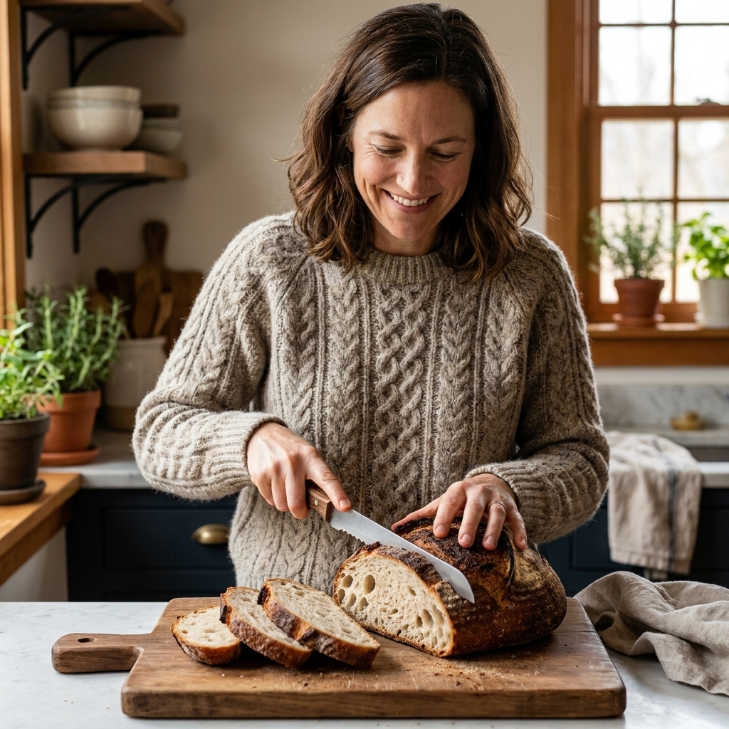 A crusty sourdough loaf on a wooden cutting board with a serrated knife and a few slices cut, cozy kitchen scene