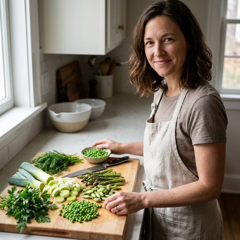 A cutting board covered with chopped leeks, asparagus, peas, and fresh herbs next to a chef's knife