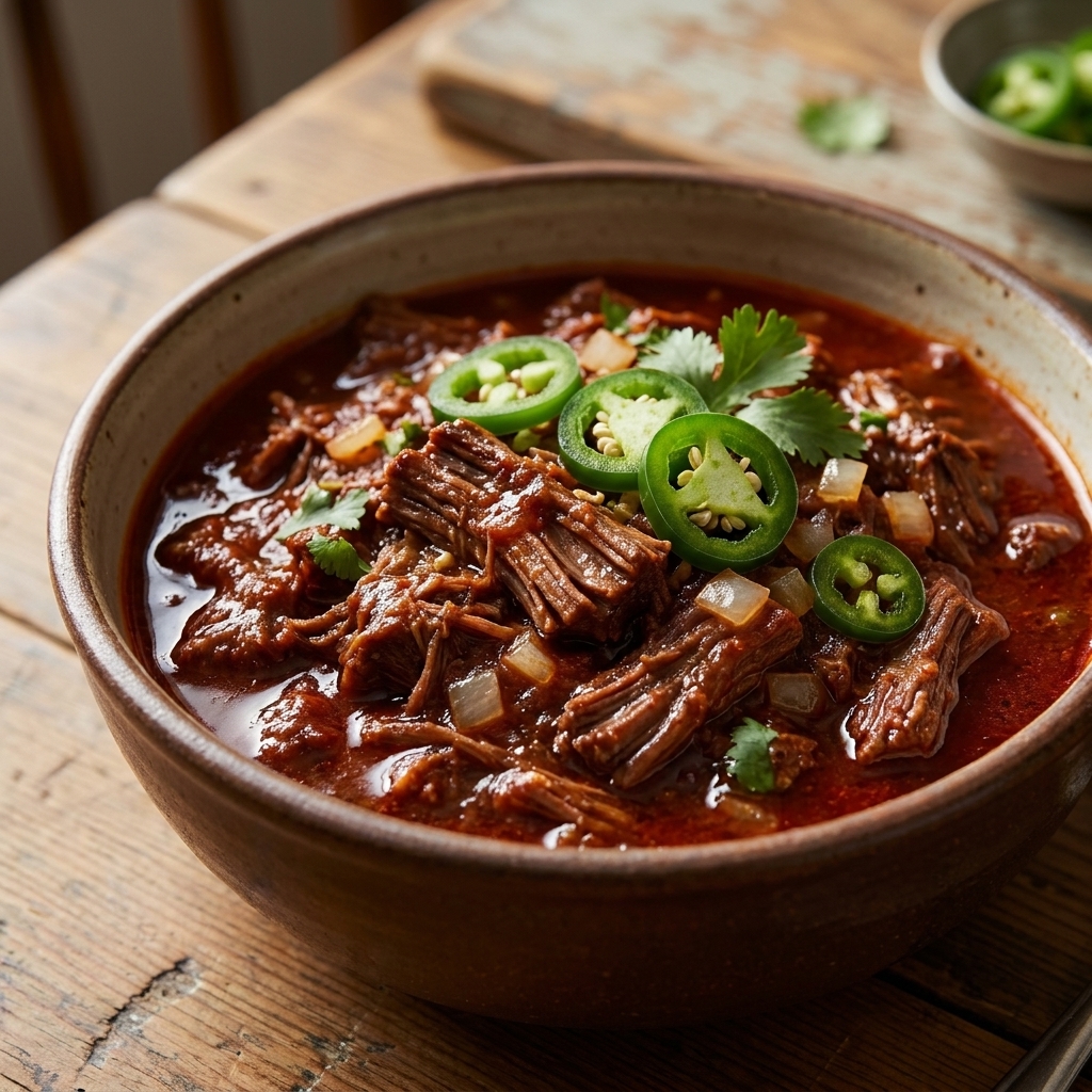 A deep bowl of Texas-style chili made with shredded brisket in a glossy red sauce, garnished with sliced jalapeños