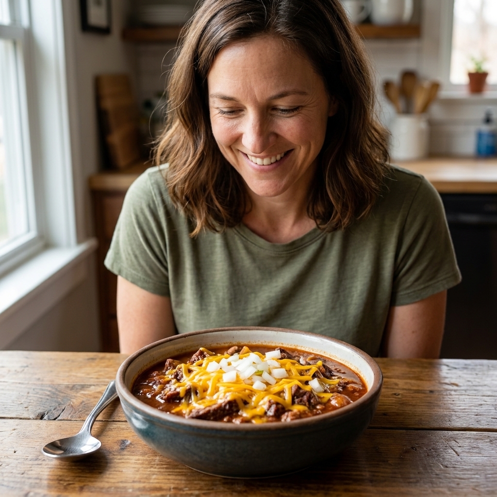 A deep bowl of smoky brisket chili topped with shredded cheddar and chopped onions on a wooden table with a spoon beside it