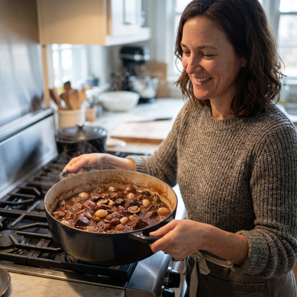 A deep pot of boeuf bourguignon with chunks of beef, mushrooms, and pearl onions in a dark wine sauce on a stovetop