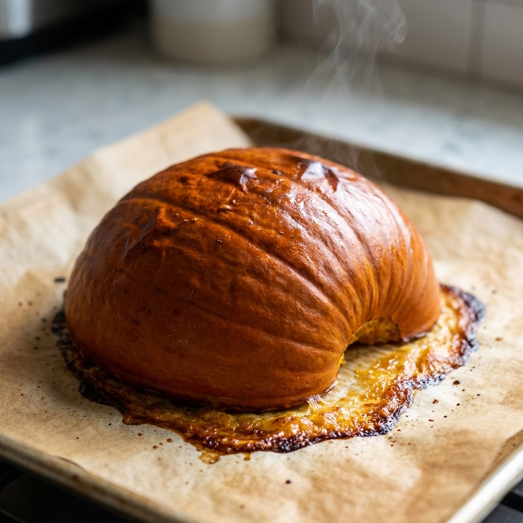 A halved sugar pie pumpkin roasting cut-side down on a parchment-lined baking sheet with caramelized edges