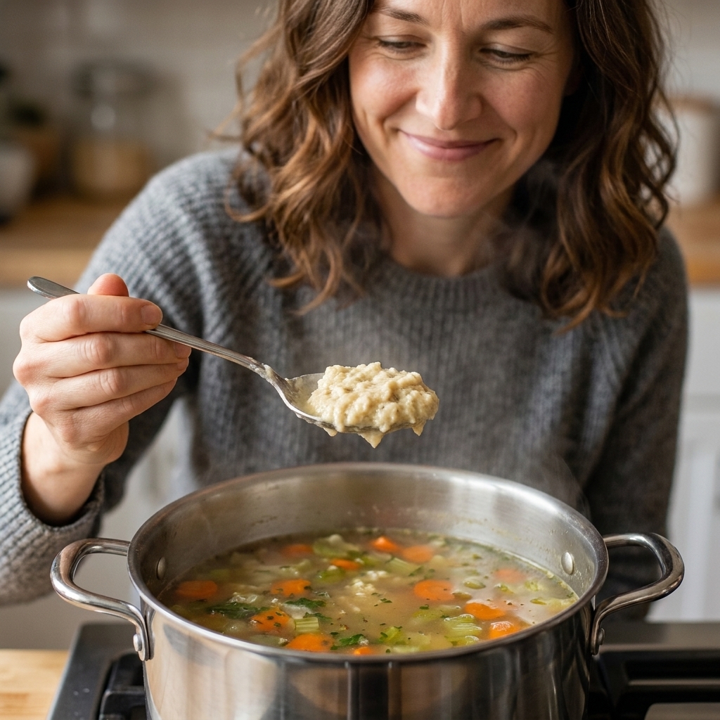 A hand holding a spoonful of thick vegan dumpling batter over a simmering pot of vegetable broth soup, about to drop the dough onto the surface