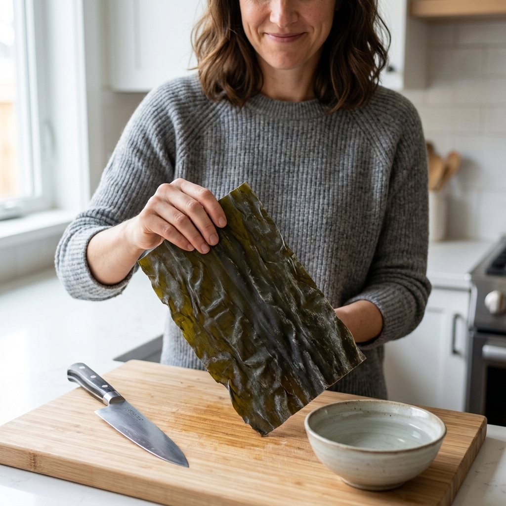 A hand holding a wide sheet of dried kombu over a wooden cutting board, with a chef’s knife and a small bowl nearby