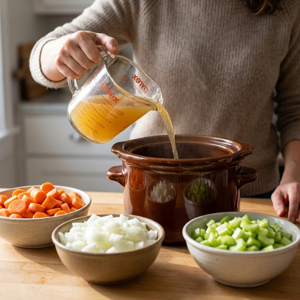 A hand pouring chicken broth from a measuring cup into a slow cooker crock beside bowls of chopped carrots, onions, and celery