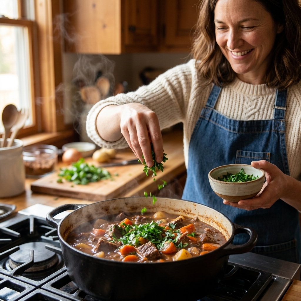 A hand sprinkling chopped fresh parsley over a bubbling pot of beef stew just before serving