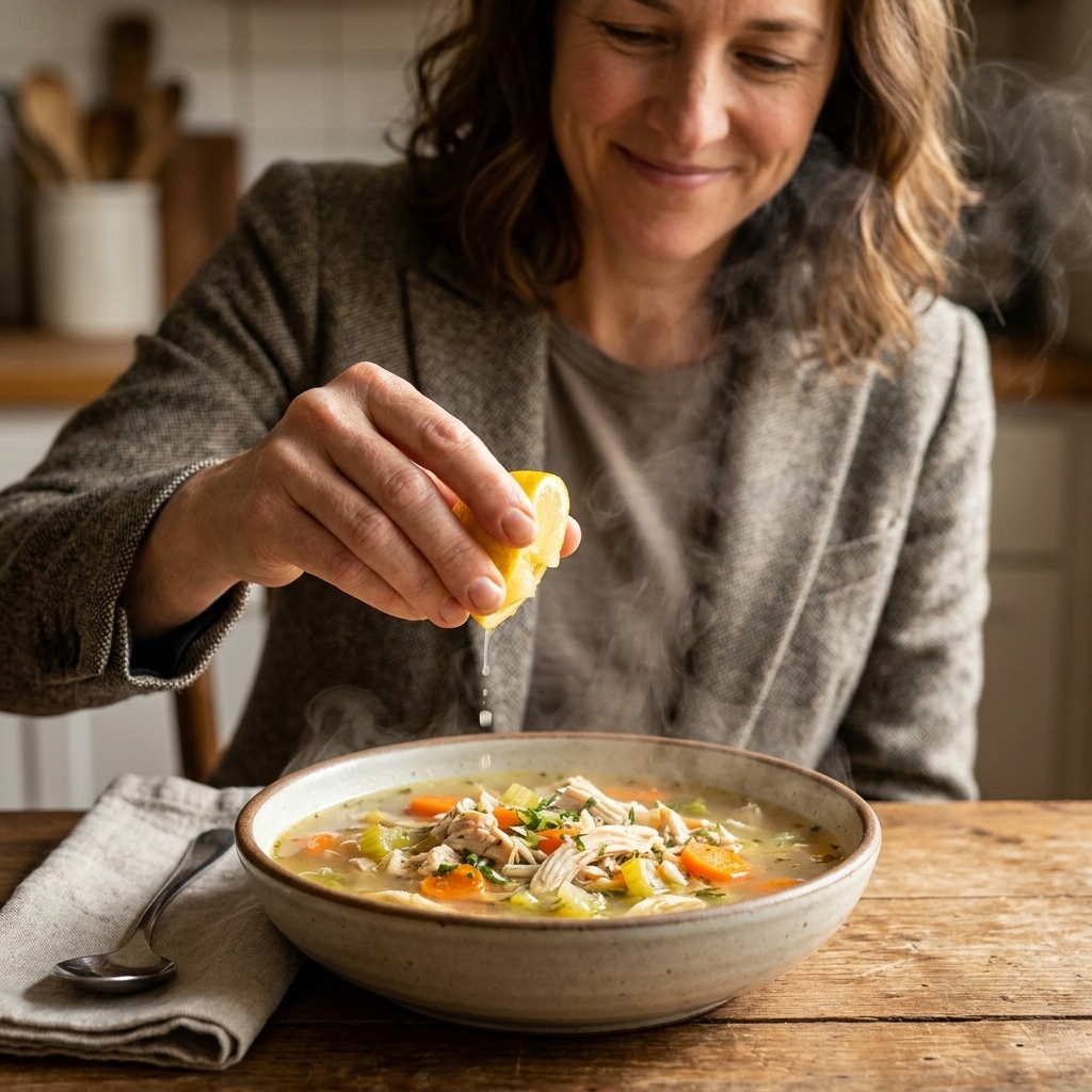A hand squeezing a lemon wedge over a bowl of hot chicken and vegetable soup on a wooden table, with steam rising
