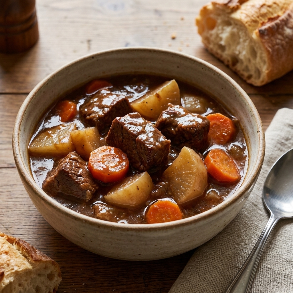 A hearty beef stew with turnip chunks and carrots in a dark, glossy broth, photographed in a rustic ceramic bowl