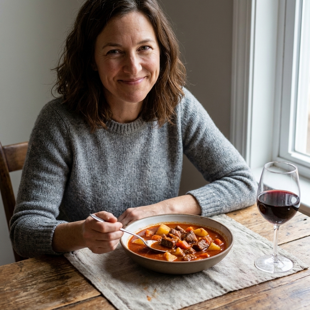A hearty bowl of Hungarian goulash with tender beef, potatoes, and red paprika broth, photographed on a rustic table