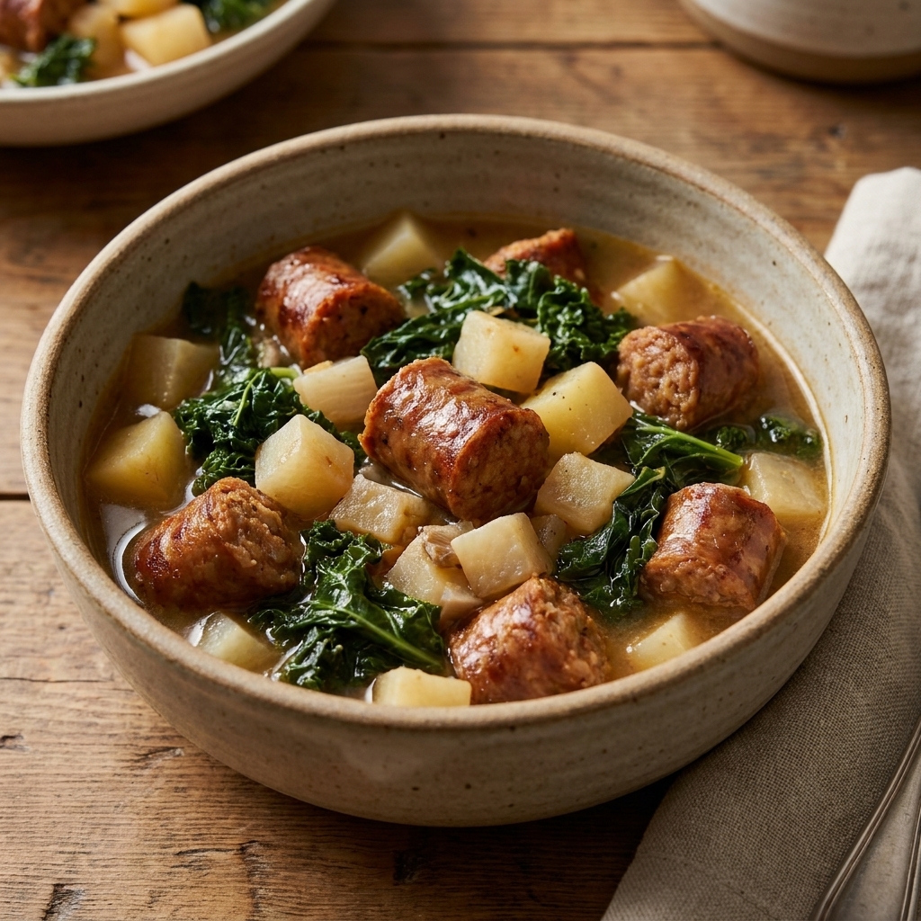 A hearty sausage stew with chunks of turnip and potato and wilted greens, served in a stoneware bowl