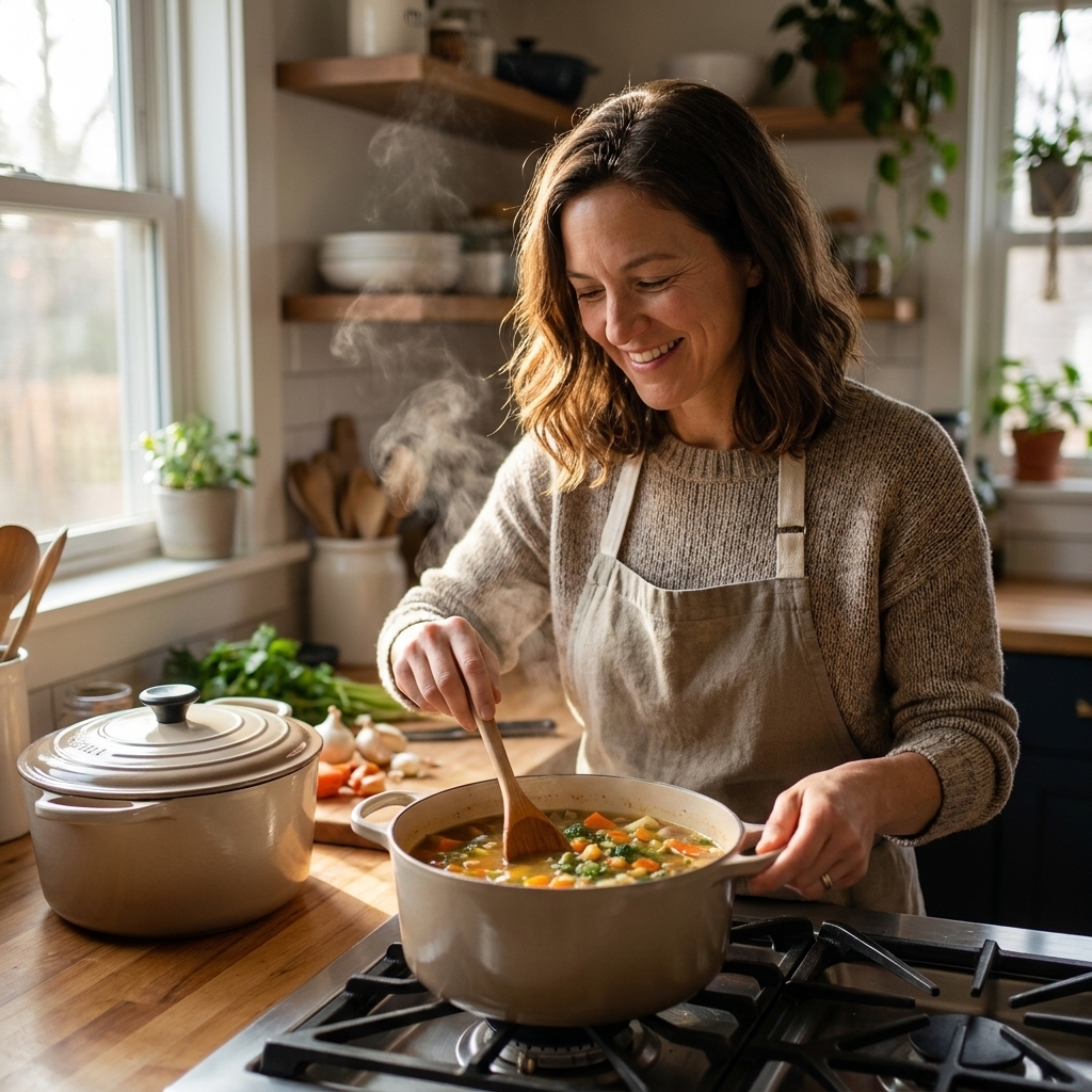 A home cook stirring a pot of soup on a stovetop in a warm kitchen, natural window light, a wooden spoon and a Dutch oven on the counter