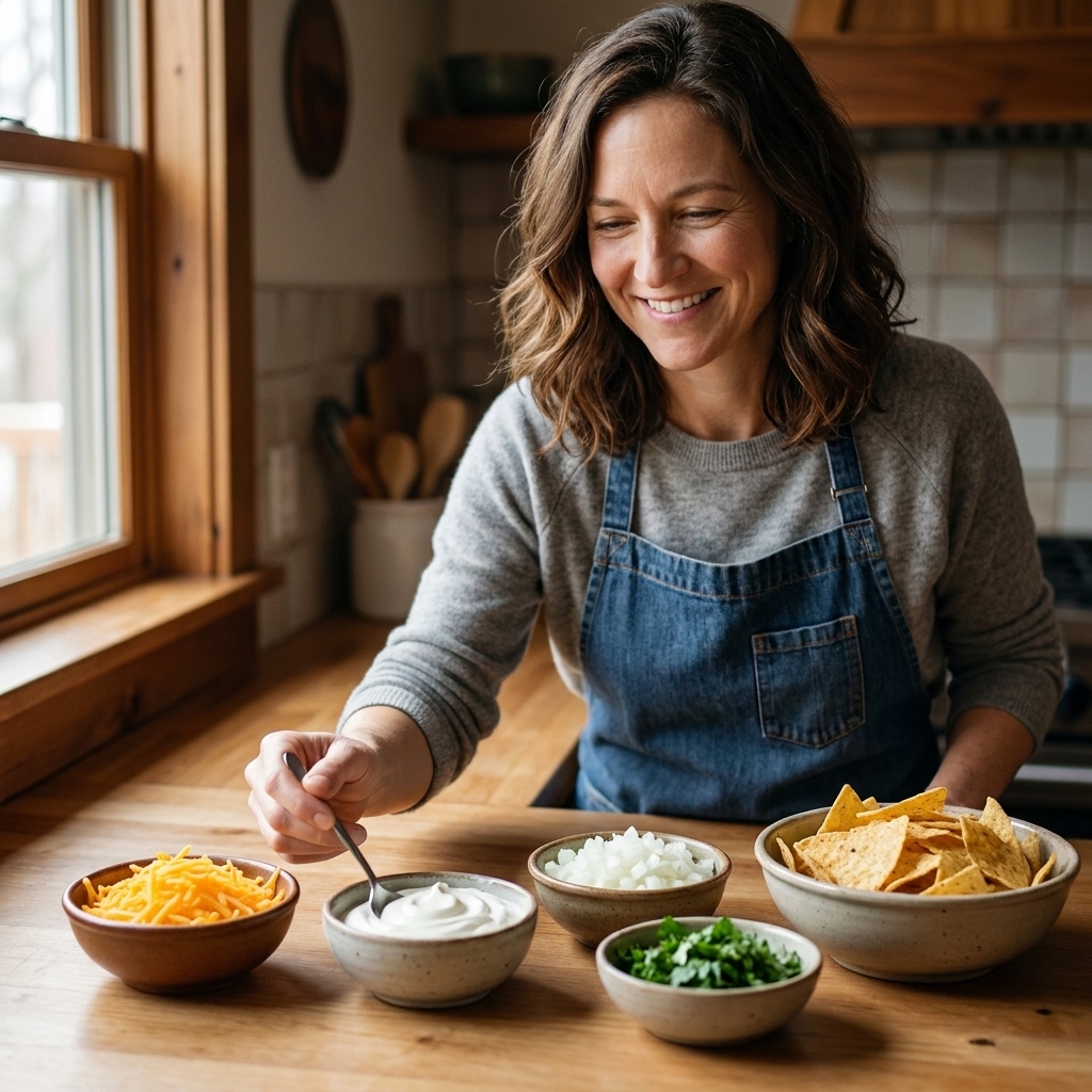 A kitchen counter with small bowls of chili toppings like shredded cheese, sour cream, chopped onions, cilantro, and tortilla chips