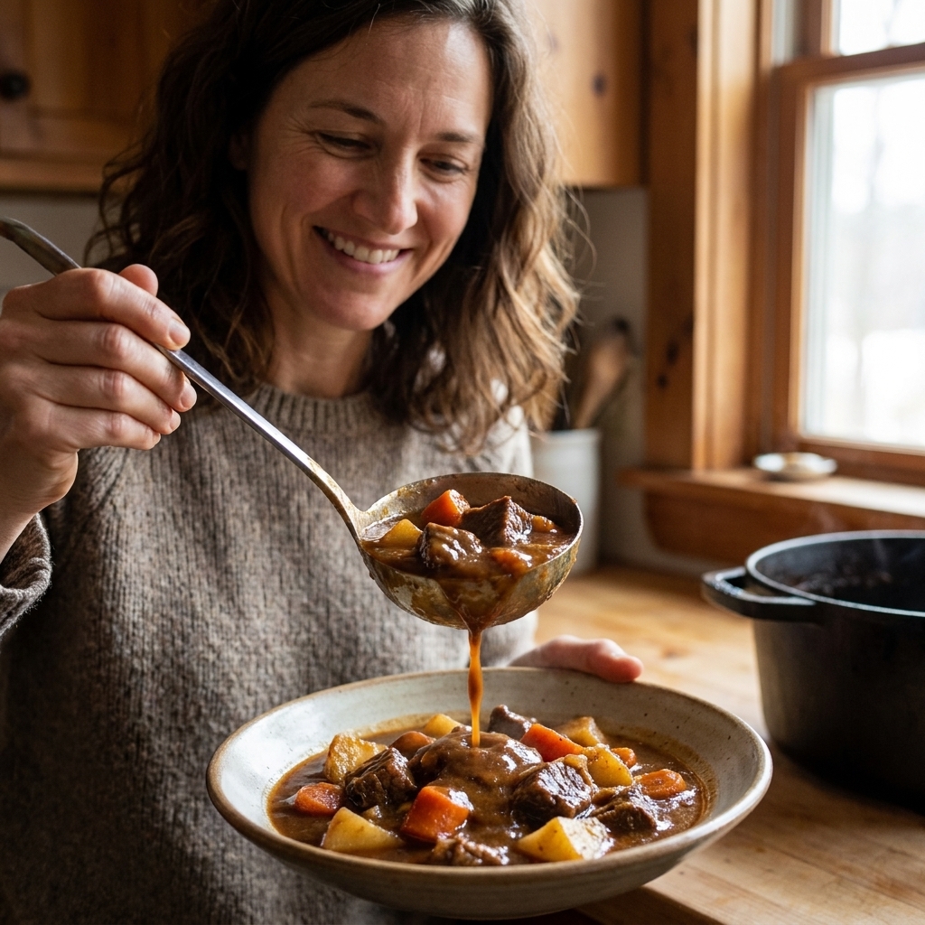 A ladle lifting a thick, glossy beef stew with carrots and potatoes into a shallow bowl, showing the gravy clinging to the meat and vegetables