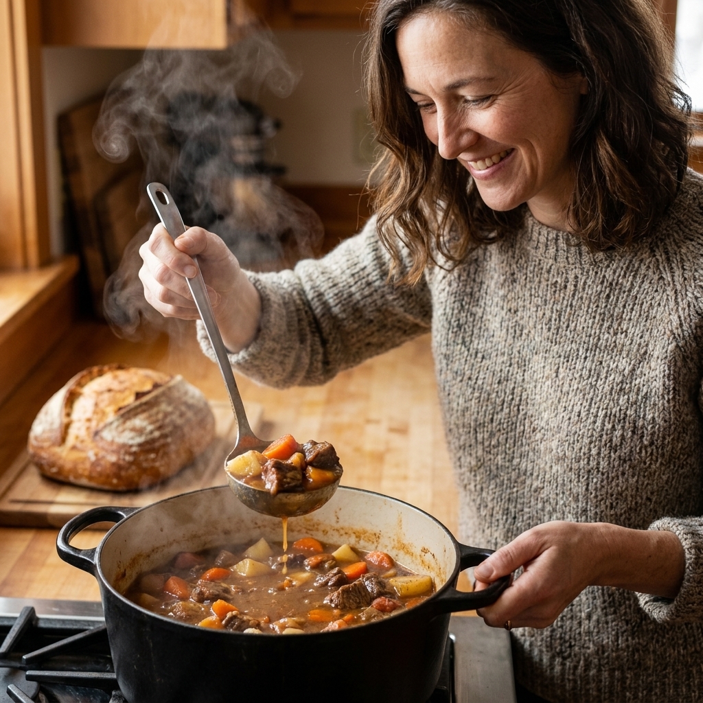 A ladle lifting tender beef and vegetables from a pot of stew, with steam rising and a rustic loaf of bread on the counter behind