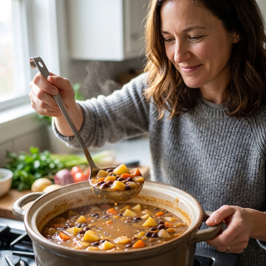 A ladle lifting thick bean and root vegetable stew from a pot, showing tender potatoes, carrots, and beans in a savory broth