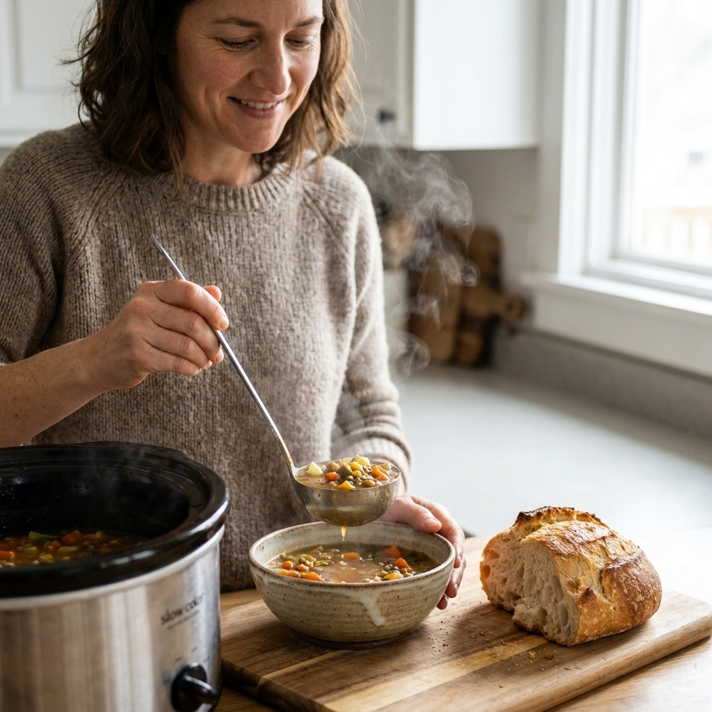 A ladle pouring hot homemade soup from a slow cooker into a ceramic bowl beside a torn piece of crusty bread on a wooden board