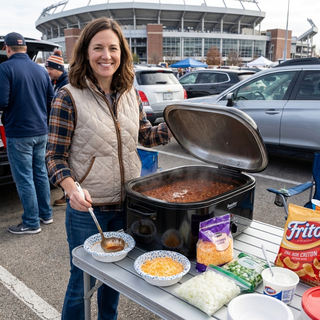 A large electric roaster oven on a folding table at a tailgate with the lid cracked open and a ladle resting nearby, surrounded by bowls and toppings