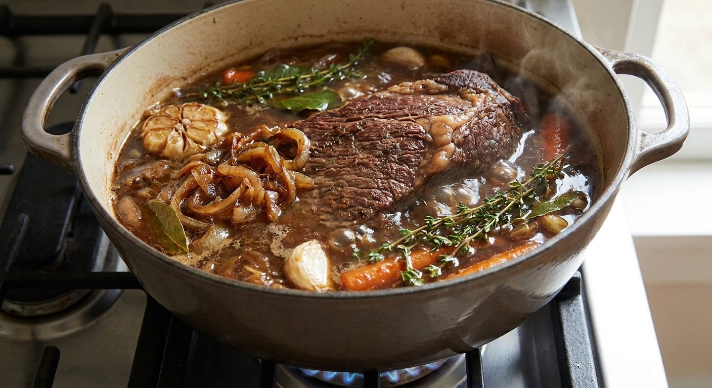 A large pot with a beef brisket braising in a dark broth with onions and herbs, partially submerged and gently bubbling