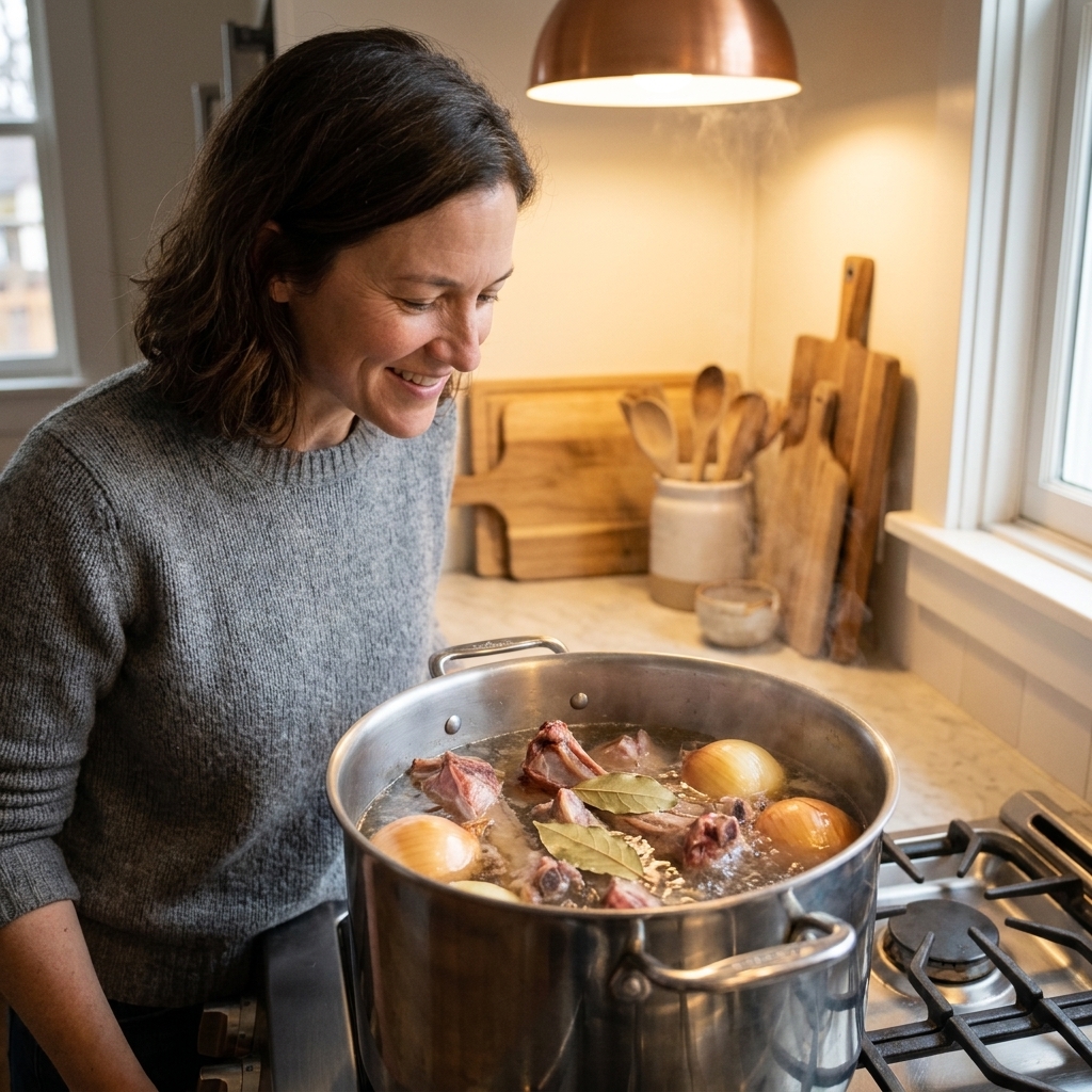 A large soup pot on a stovetop with smoked rib bones, onion halves, and bay leaf simmering in water, warm kitchen lighting