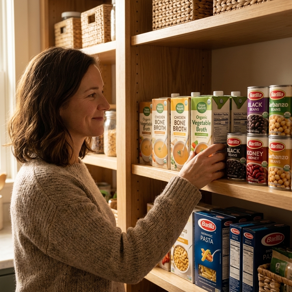 A pantry shelf with several cartons of boxed chicken broth and vegetable broth next to canned beans and pasta, warm kitchen lighting