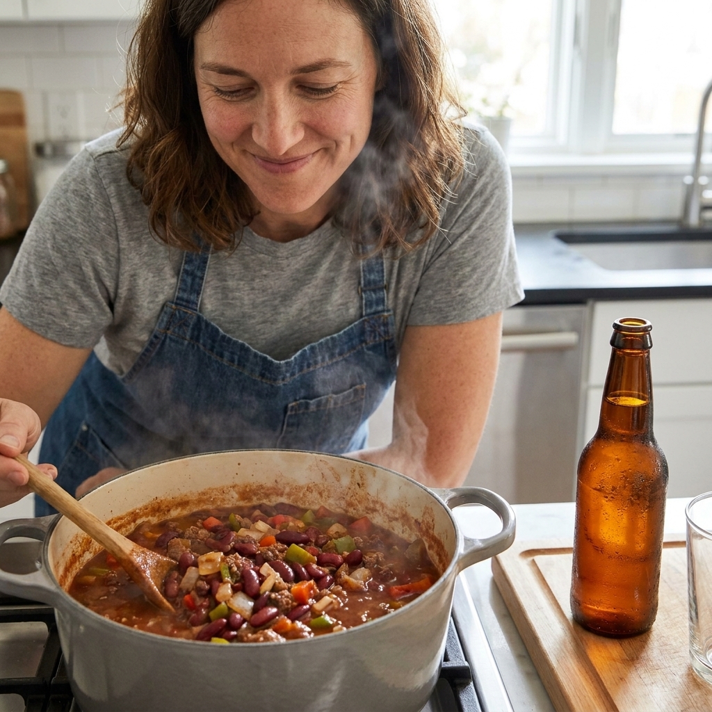 A pot of beef chili simmering with visible onions and peppers, with a chilled amber-colored lager bottle sitting on a cutting board nearby