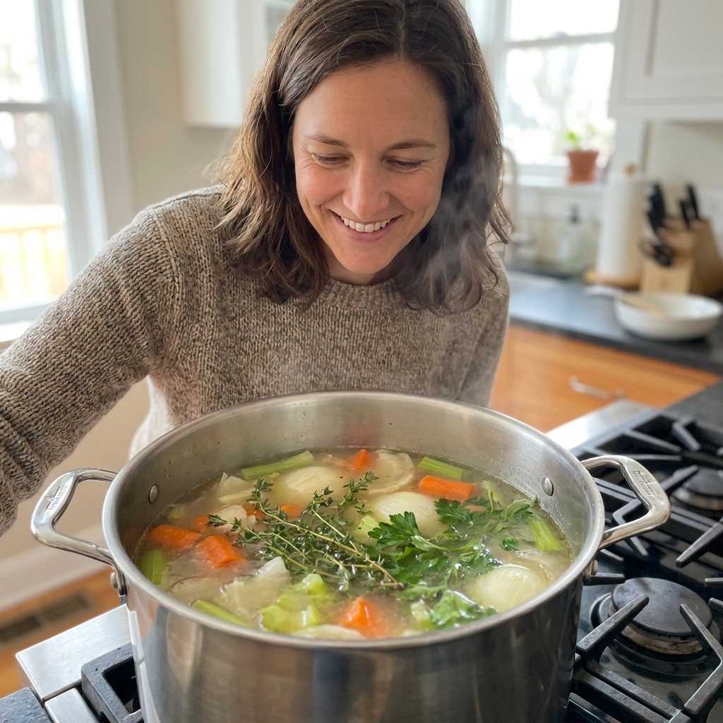 A pot of homemade chicken broth simmering gently on a stove with visible herbs and vegetables
