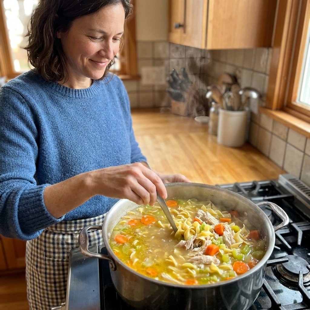 A pot of homemade turkey noodle soup simmering on the stove with visible carrots, celery, noodles, and shredded turkey in a golden broth