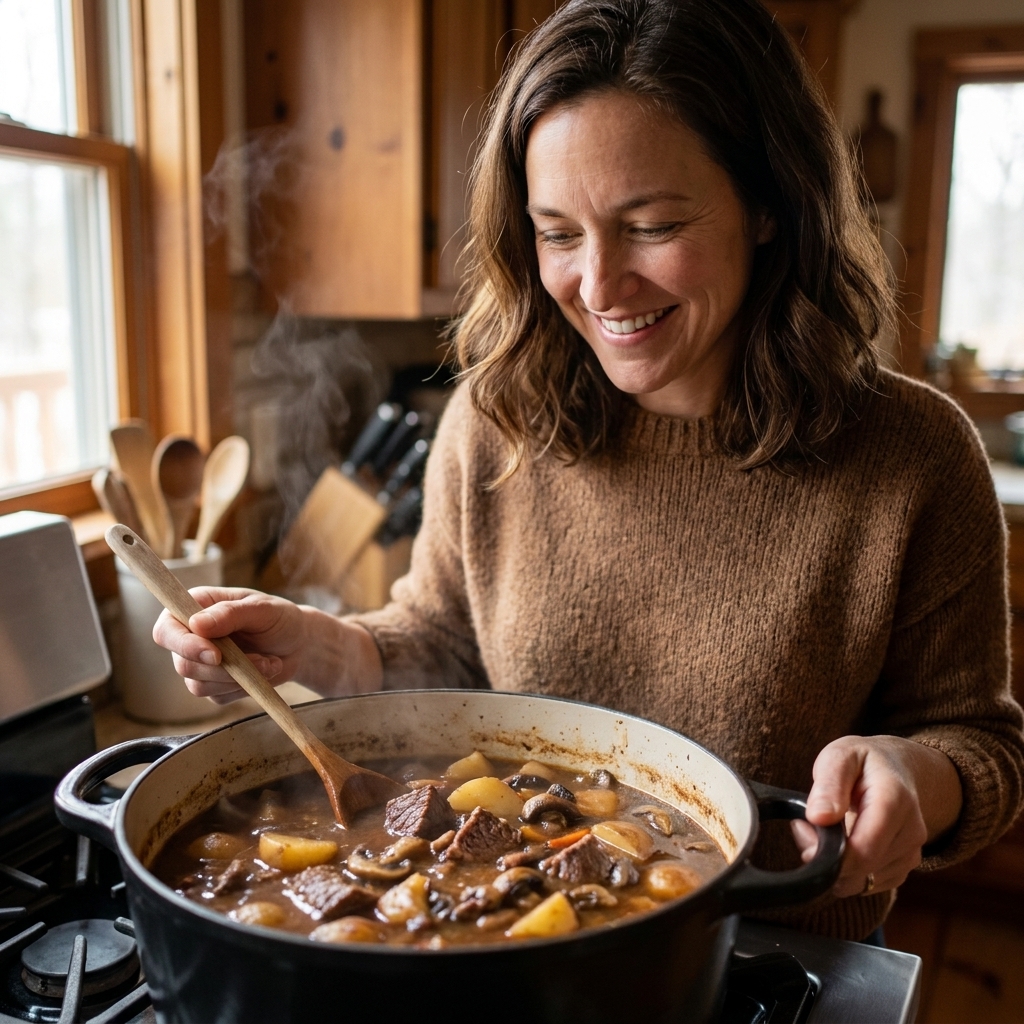A pot of quick leftover roast beef stew simmering with mushrooms and potatoes in a dark, savory broth