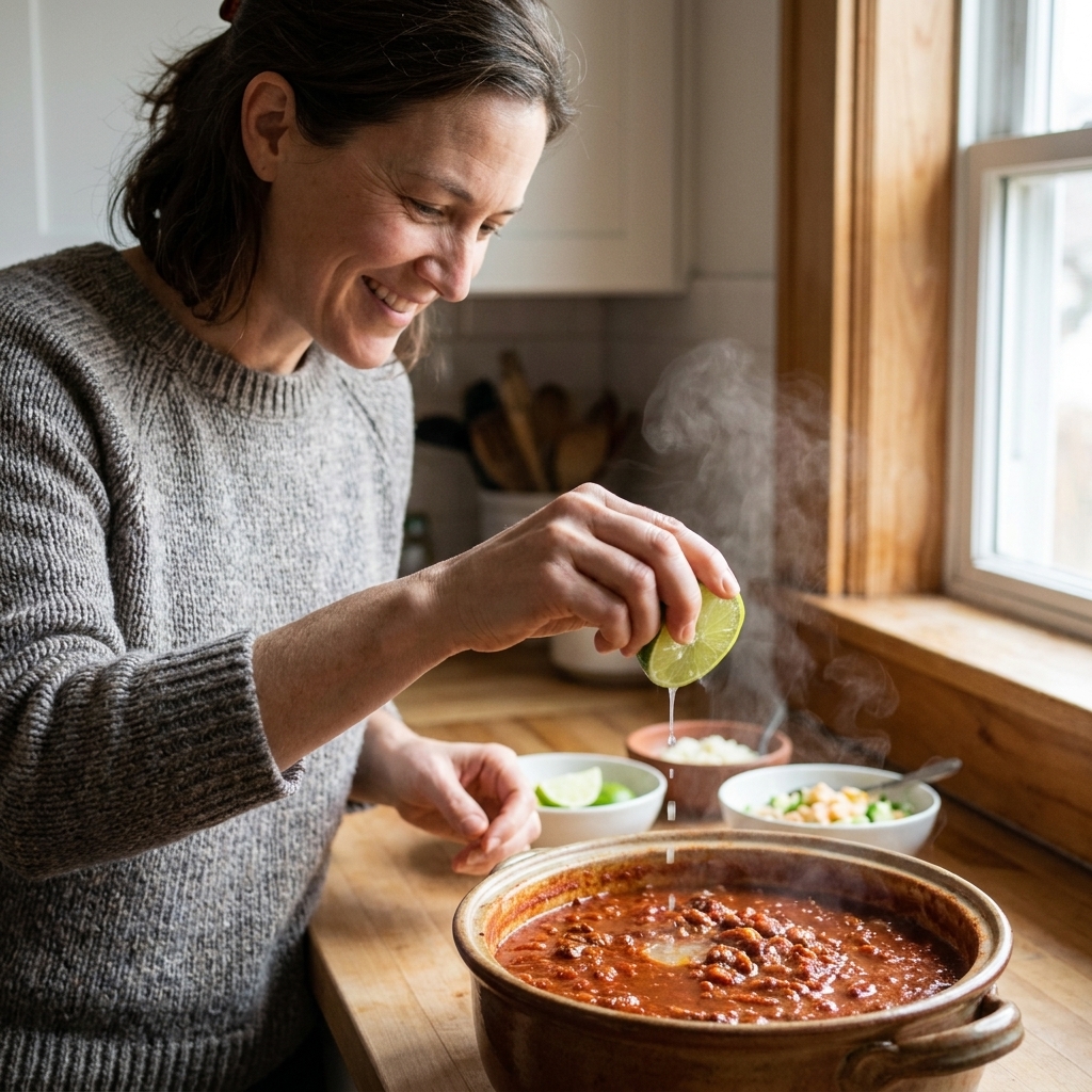 A pot of red chili on a wooden counter with a hand squeezing fresh lime over the surface just before serving