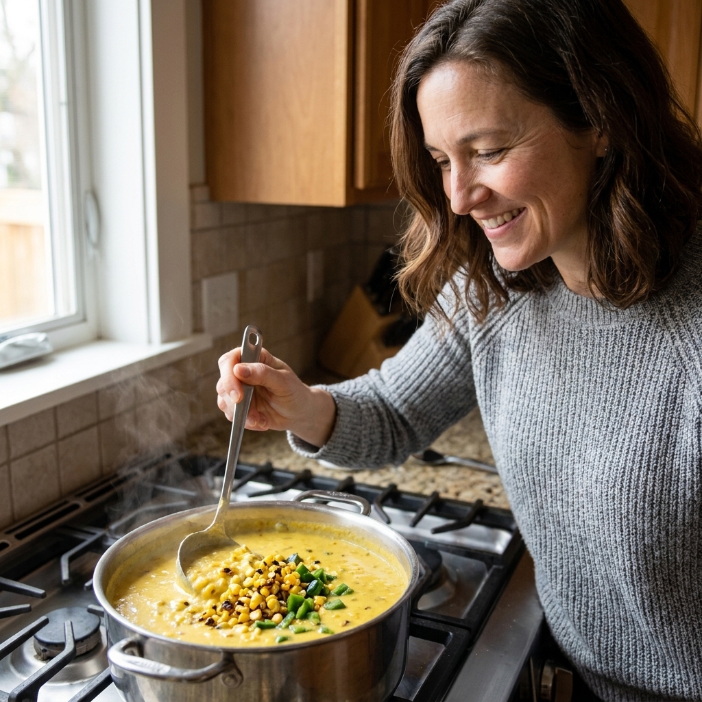 A pot of roasted sweet corn and poblano chowder on a stovetop, with visible charred corn kernels and diced green peppers floating on the surface