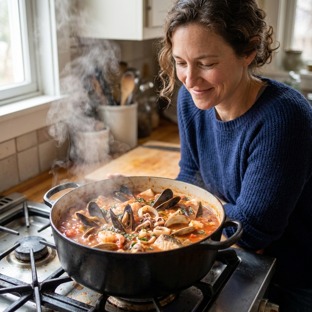 A pot of seafood stew as mussels and clams begin to open in simmering broth, with steam rising from the surface