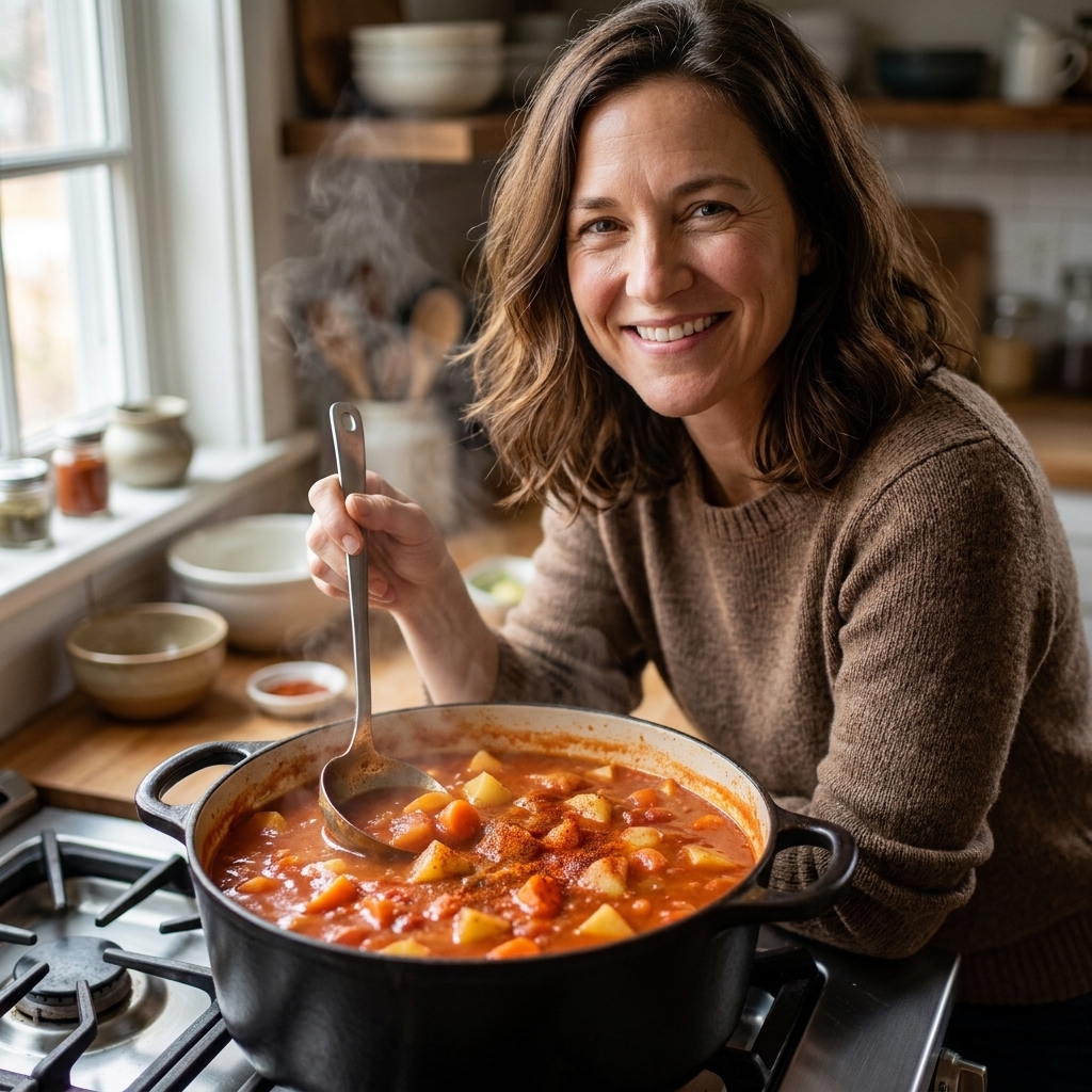 A pot of tomato-based potato and carrot stew with paprika, bubbling on a stovetop with a ladle resting on the rim