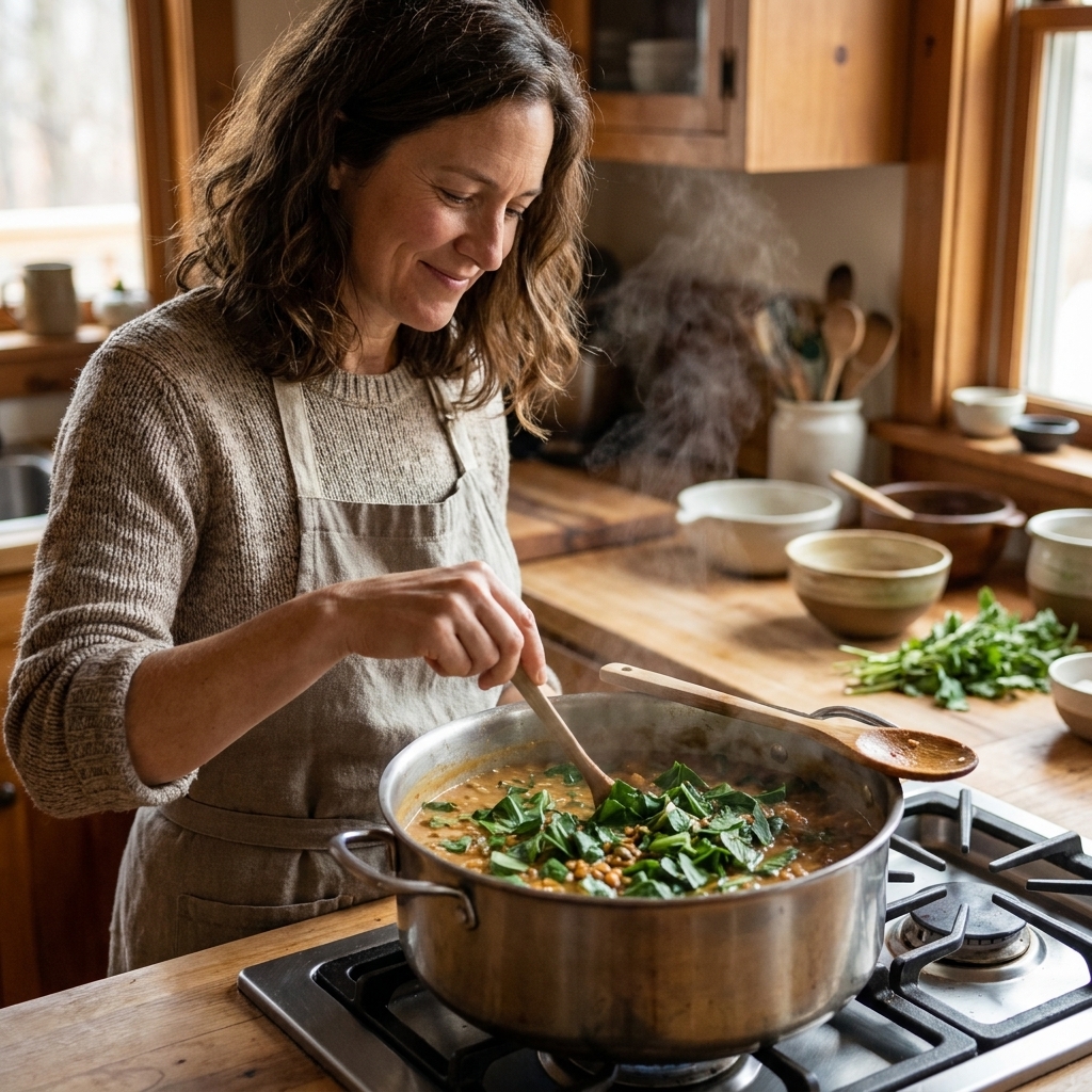 A pot of vegan lentil peanut stew with chopped collard greens simmering on a stovetop, with a wooden spoon resting on the rim
