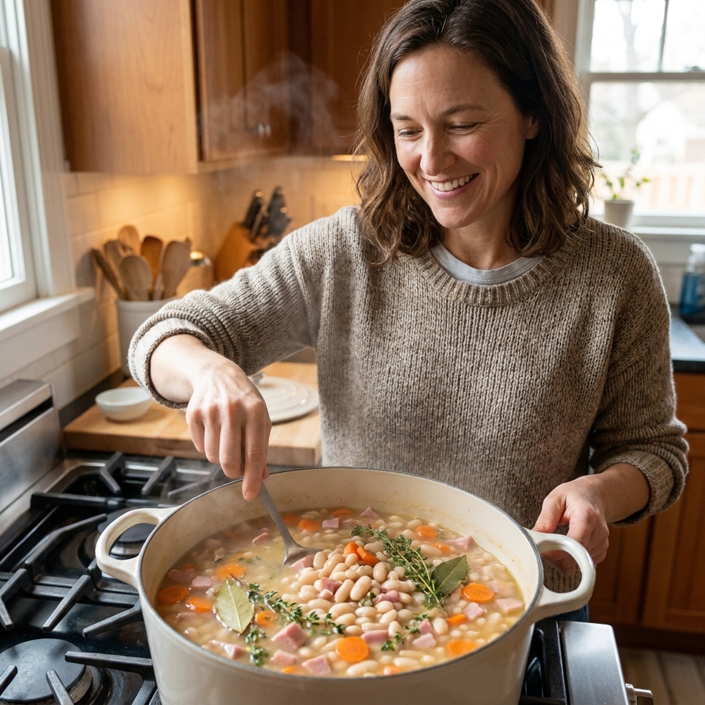 A pot of white bean and ham soup with carrots and herbs visible, simmering on a stovetop