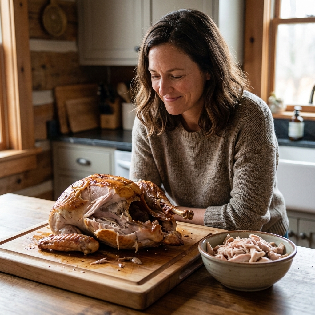 A roasted turkey carcass picked mostly clean on a large cutting board, with a small pile of shredded turkey meat set aside in a bowl