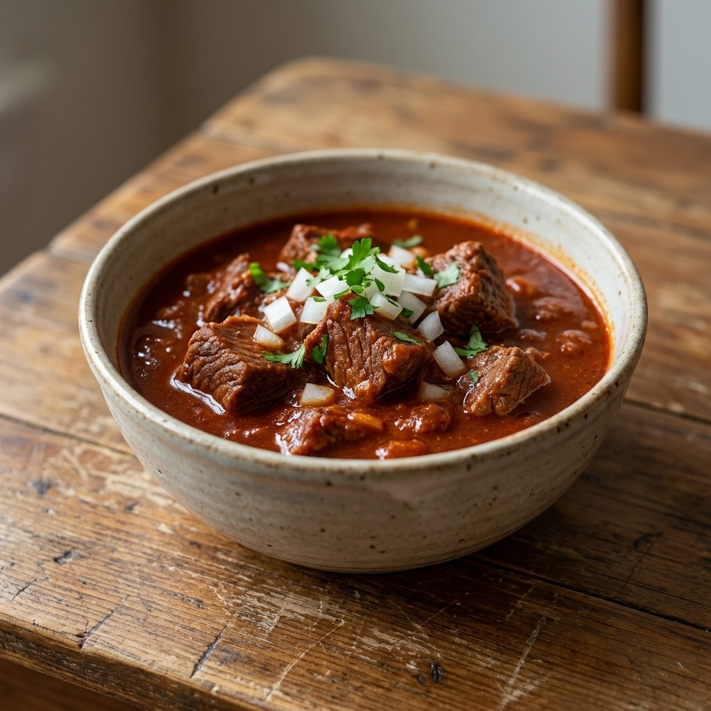 A rustic bowl of Texas-style red chili with large chunks of beef in a deep brick-red sauce, garnished with chopped onion, photographed on a wooden table